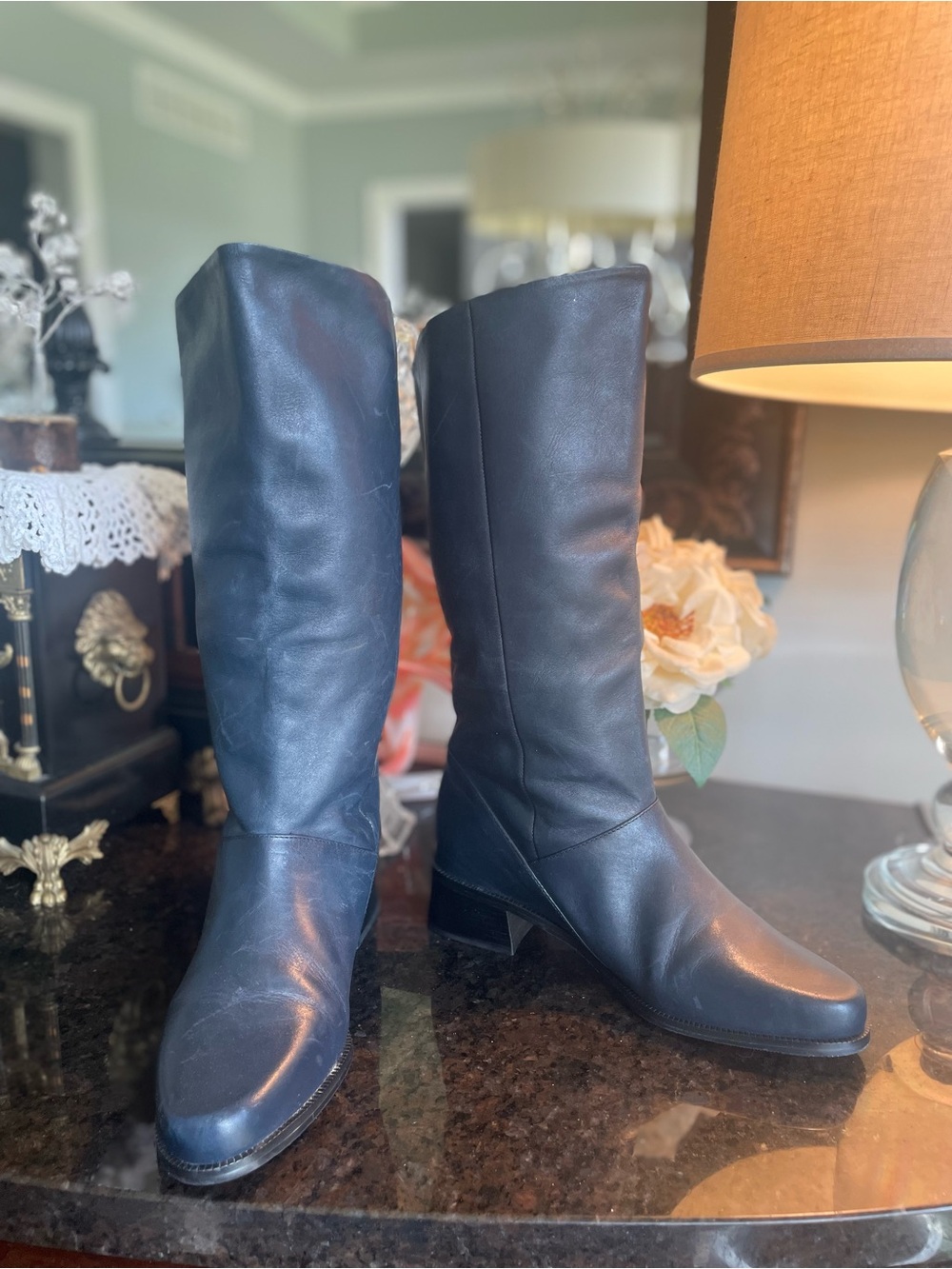 Shelly Navy Blue Leather Boots Mid Calf Equestrian Riding Size 7.5M